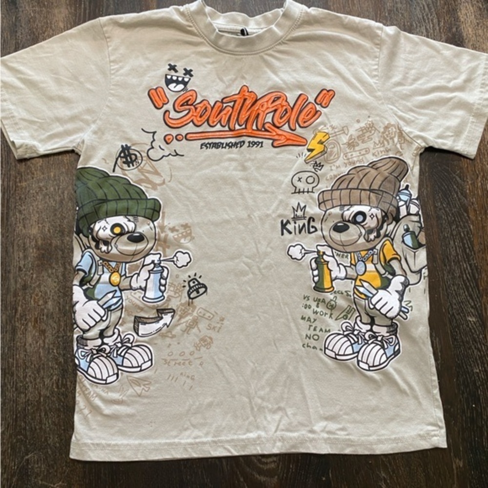 South Pole Cream Short Sleeve Tee with‎ Cartoon Graphic large 14-16